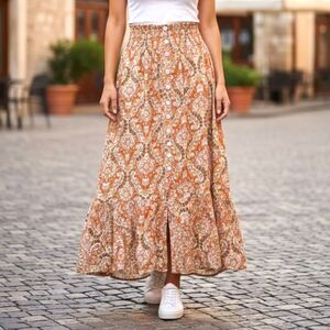 Rachel Zoe Maxi Skirt Medium Rust Orange Paisley Boho Smocked Waist Buttons